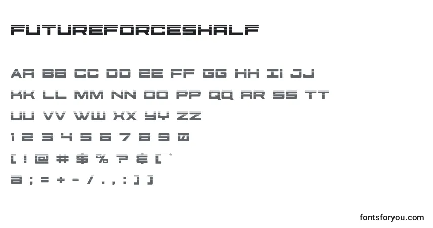 A fonte Futureforceshalf (127507) – alfabeto, números, caracteres especiais