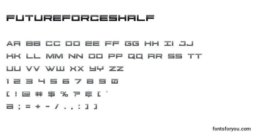 A fonte Futureforceshalf (127508) – alfabeto, números, caracteres especiais