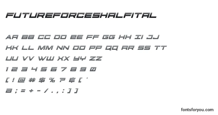 A fonte Futureforceshalfital (127509) – alfabeto, números, caracteres especiais
