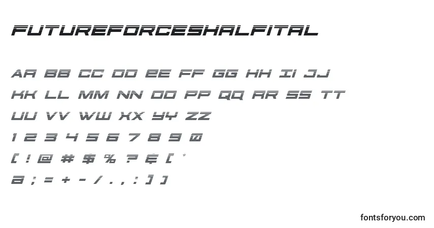 A fonte Futureforceshalfital (127510) – alfabeto, números, caracteres especiais