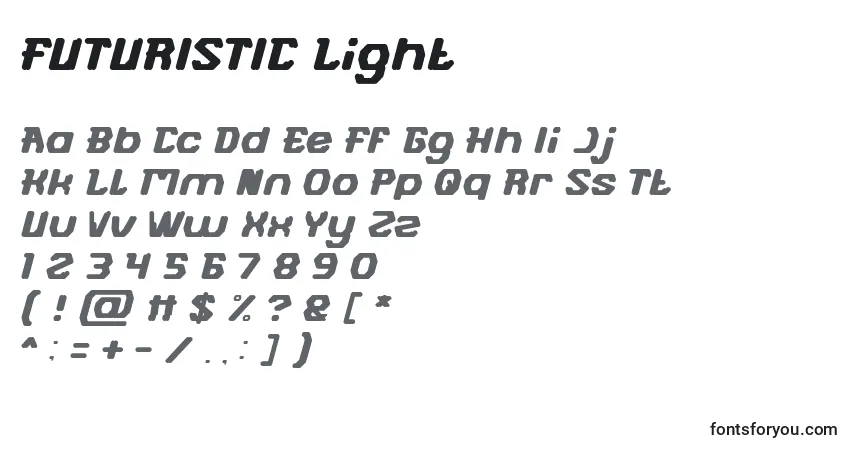 Schriftart FUTURISTIC Light – Alphabet, Zahlen, spezielle Symbole