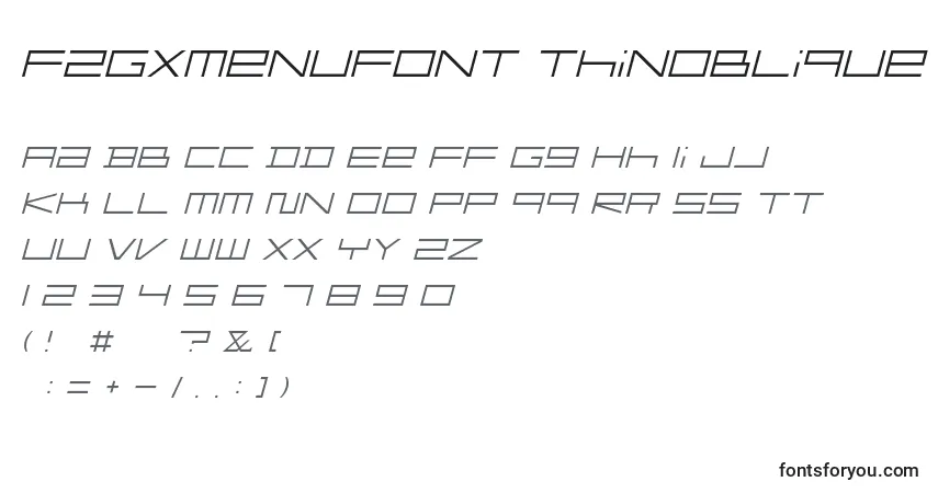 Czcionka FZGXMenuFont ThinOblique – alfabet, cyfry, specjalne znaki