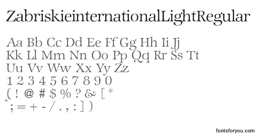 A fonte ZabriskieinternationalLightRegular – alfabeto, números, caracteres especiais