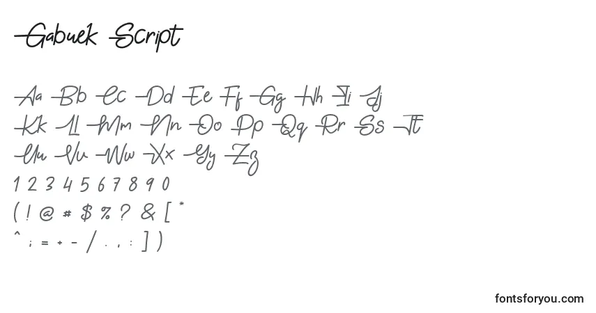 Czcionka Gabuek Script – alfabet, cyfry, specjalne znaki