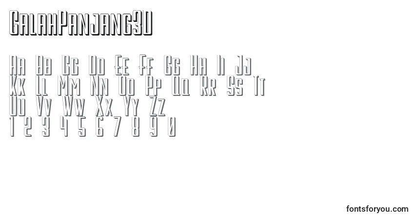Schriftart GalahPanjang3D – Alphabet, Zahlen, spezielle Symbole