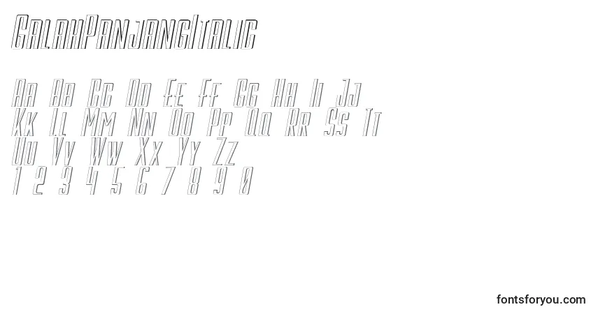 Шрифт GalahPanjangItalic – алфавит, цифры, специальные символы