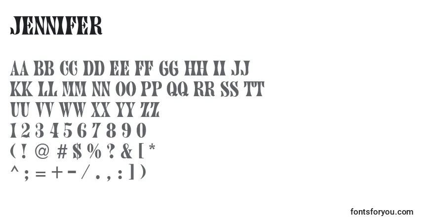 Czcionka Jennifer – alfabet, cyfry, specjalne znaki