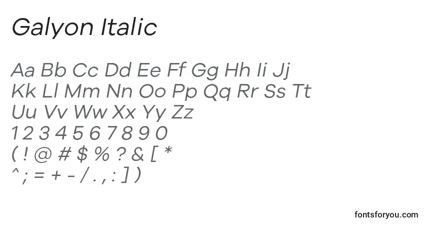 Schriftart Galyon Italic – Alphabet, Zahlen, spezielle Symbole
