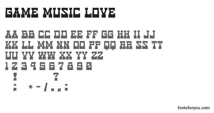 Шрифт Game music love – алфавит, цифры, специальные символы