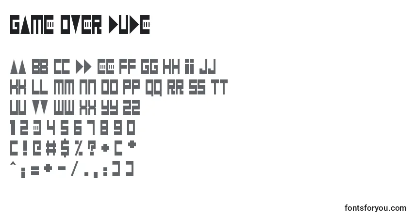 Schriftart Game Over Dude – Alphabet, Zahlen, spezielle Symbole
