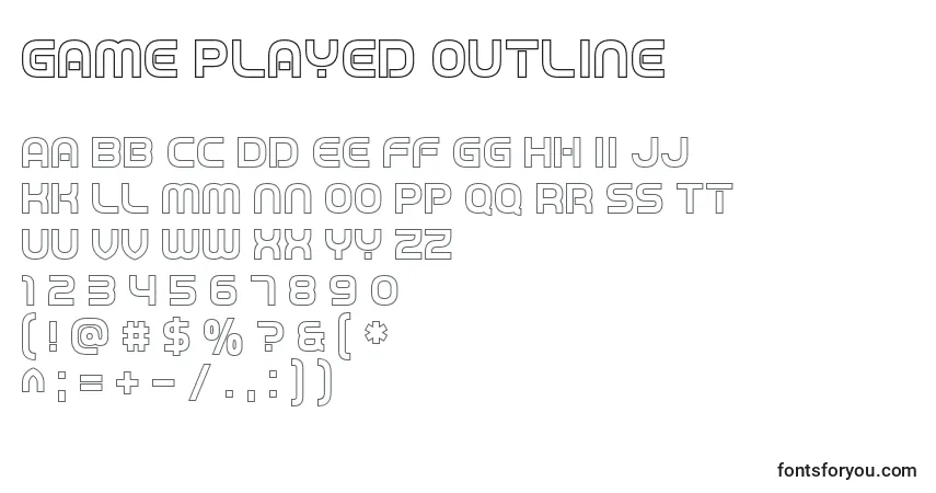 Fuente Game Played Outline - alfabeto, números, caracteres especiales