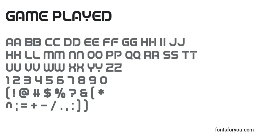 A fonte Game Played – alfabeto, números, caracteres especiais