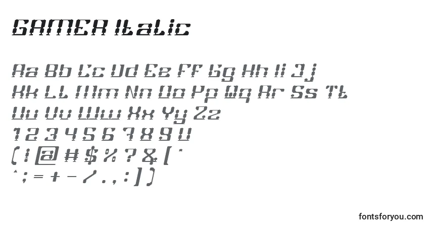 Schriftart GAMER Italic – Alphabet, Zahlen, spezielle Symbole