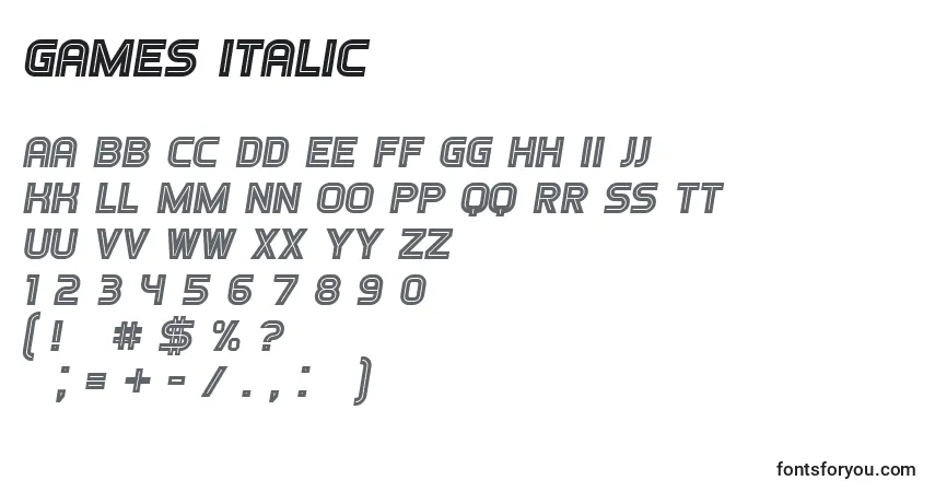 Schriftart Games Italic – Alphabet, Zahlen, spezielle Symbole