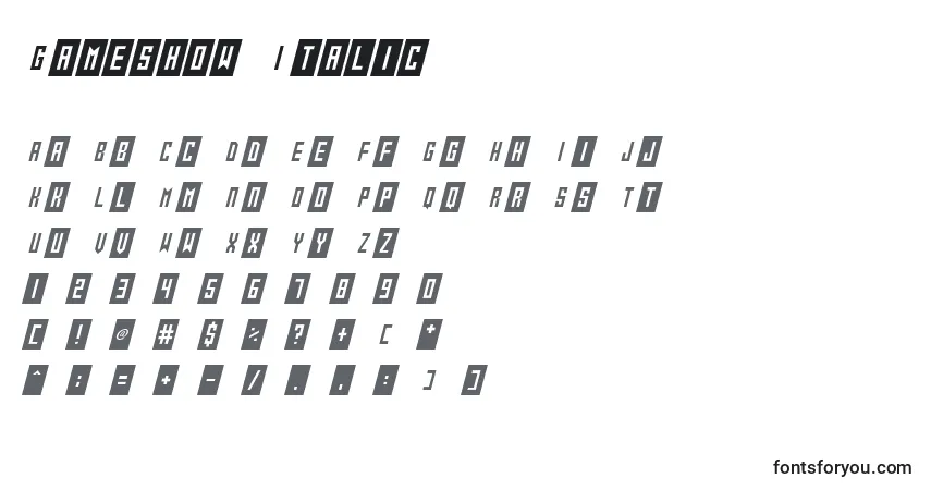 Шрифт Gameshow Italic – алфавит, цифры, специальные символы