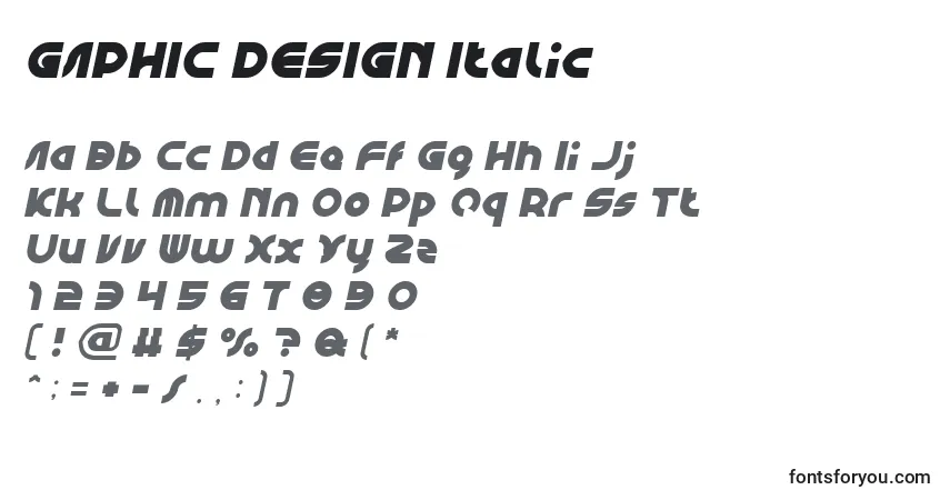 A fonte GAPHIC DESIGN Italic – alfabeto, números, caracteres especiais