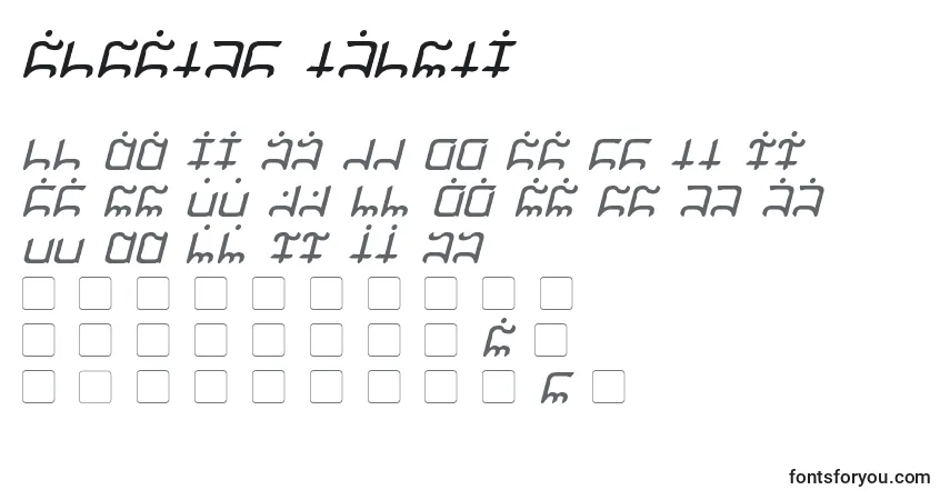 Czcionka Gargish Italic – alfabet, cyfry, specjalne znaki
