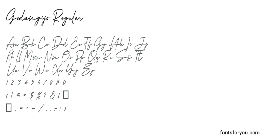 Schriftart Gedangijo Regular – Alphabet, Zahlen, spezielle Symbole
