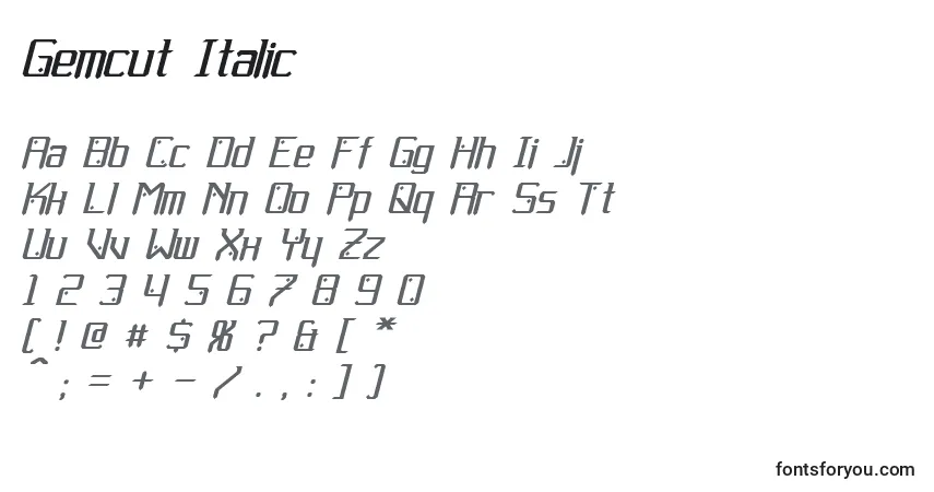 Schriftart Gemcut Italic – Alphabet, Zahlen, spezielle Symbole