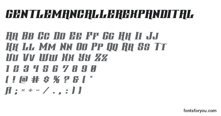 Шрифт Gentlemancallerexpandital (127811) – алфавит, цифры, специальные символы