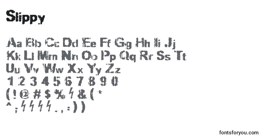 Czcionka Slippy – alfabet, cyfry, specjalne znaki