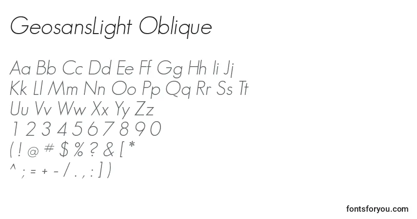 A fonte GeosansLight Oblique – alfabeto, números, caracteres especiais