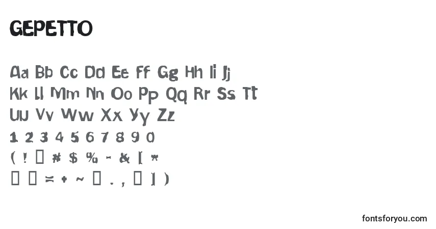 GEPETTO -fontti – aakkoset, numerot, erikoismerkit