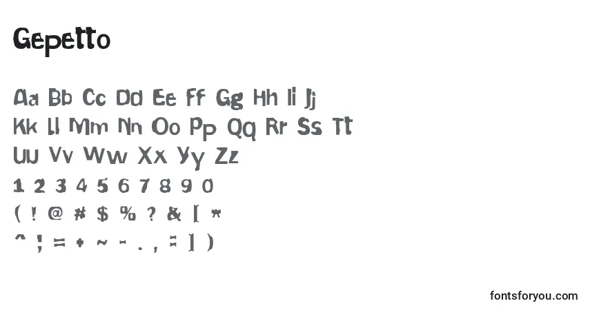 A fonte Gepetto (127848) – alfabeto, números, caracteres especiais