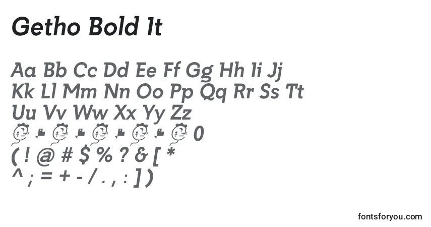 A fonte Getho Bold It – alfabeto, números, caracteres especiais