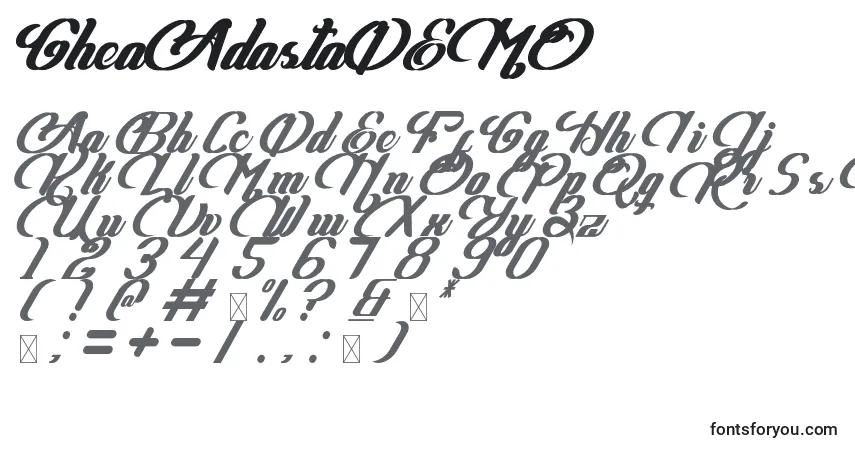 Schriftart GheaAdastaDEMO – Alphabet, Zahlen, spezielle Symbole