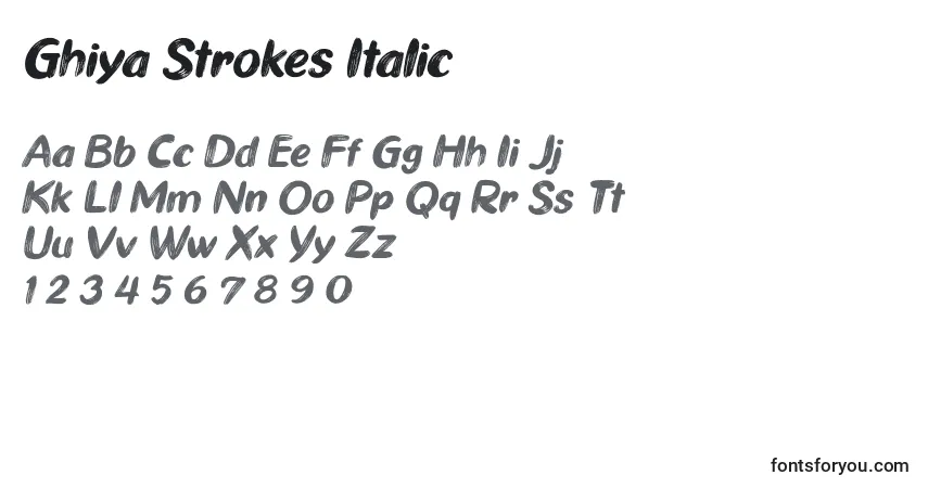 A fonte Ghiya Strokes Italic – alfabeto, números, caracteres especiais