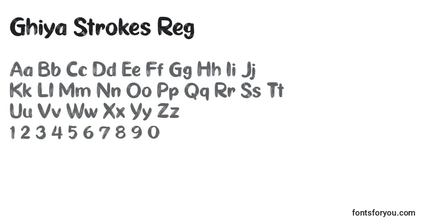 Шрифт Ghiya Strokes Reg – алфавит, цифры, специальные символы