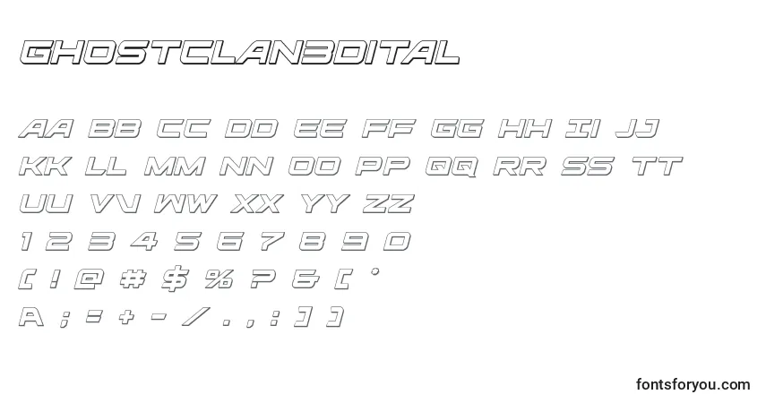 A fonte Ghostclan3dital (127907) – alfabeto, números, caracteres especiais