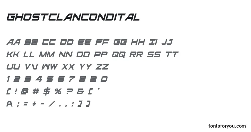 Schriftart Ghostclancondital (127910) – Alphabet, Zahlen, spezielle Symbole