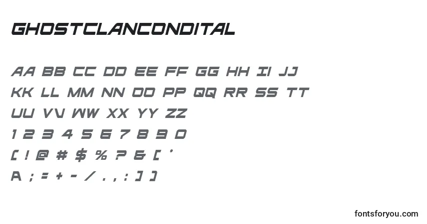Schriftart Ghostclancondital (127911) – Alphabet, Zahlen, spezielle Symbole