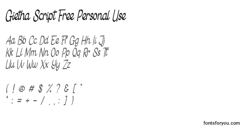 Schriftart Gietha Script Free Personal Use – Alphabet, Zahlen, spezielle Symbole