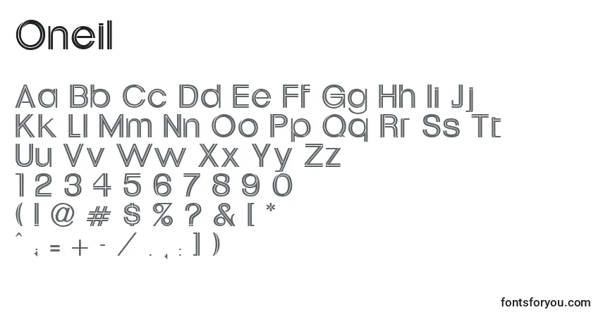 A fonte Oneil – alfabeto, números, caracteres especiais