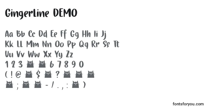 Gingerline DEMO-fontti – aakkoset, numerot, erikoismerkit