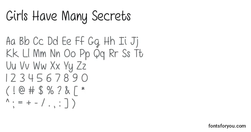 Schriftart Girls Have Many Secrets   – Alphabet, Zahlen, spezielle Symbole