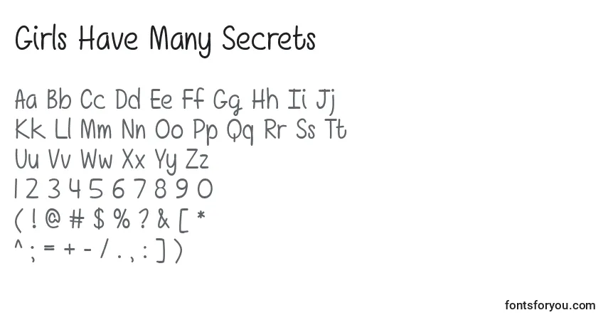 Czcionka Girls Have Many Secrets   (127975) – alfabet, cyfry, specjalne znaki