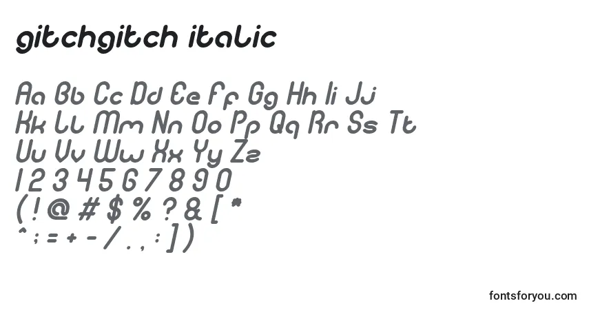 Czcionka Gitchgitch italic – alfabet, cyfry, specjalne znaki