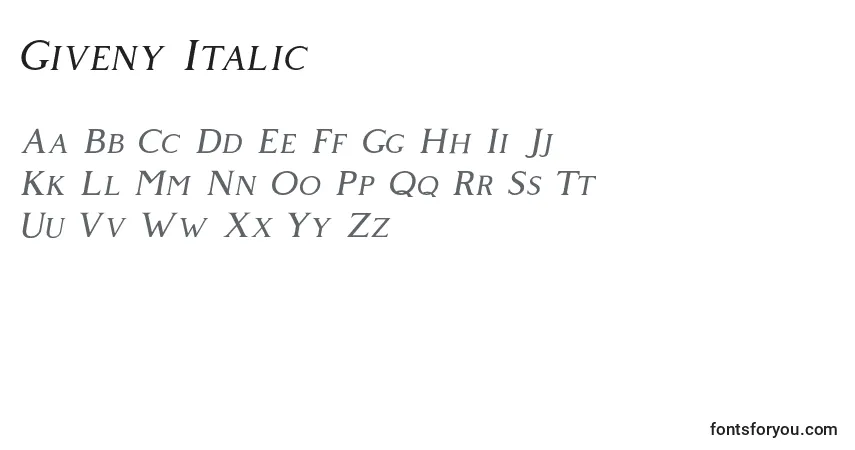 Schriftart Giveny Italic – Alphabet, Zahlen, spezielle Symbole