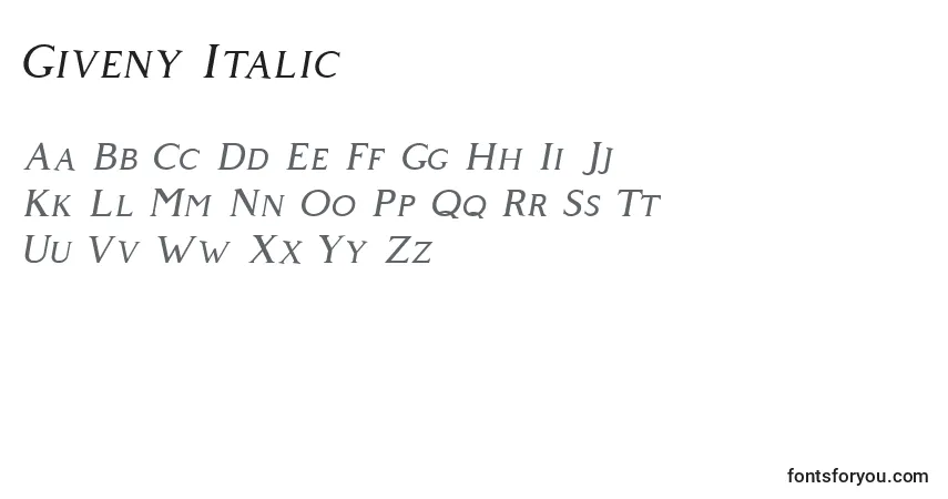 Шрифт Giveny Italic (128003) – алфавит, цифры, специальные символы