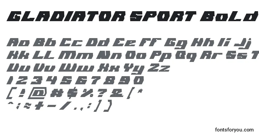 Шрифт GLADIATOR SPORT Bold Italic – алфавит, цифры, специальные символы