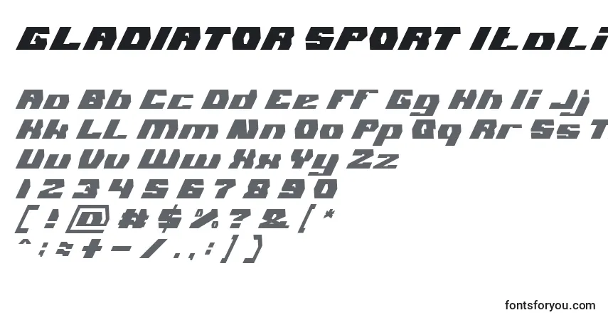 Czcionka GLADIATOR SPORT Italic – alfabet, cyfry, specjalne znaki