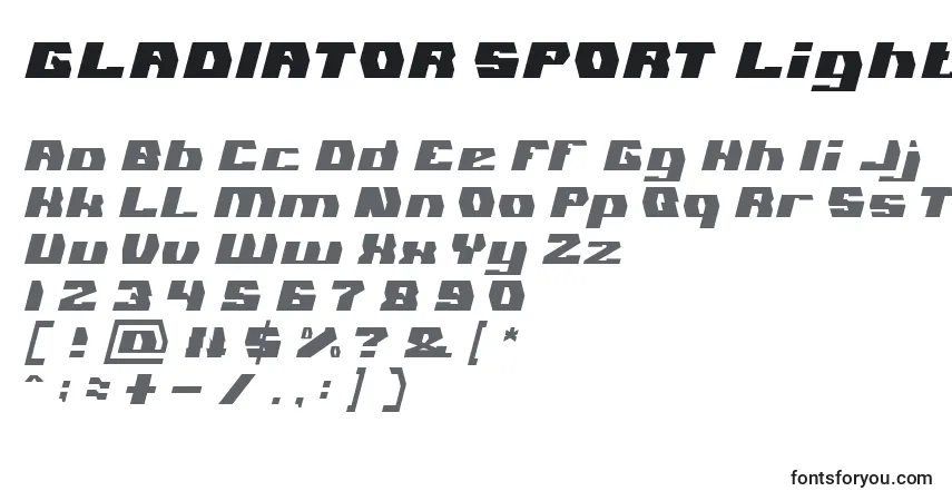 Шрифт GLADIATOR SPORT Light – алфавит, цифры, специальные символы