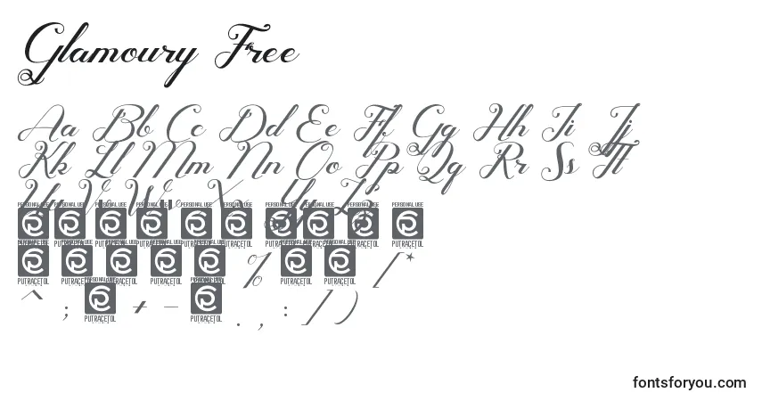 Schriftart Glamoury Free – Alphabet, Zahlen, spezielle Symbole