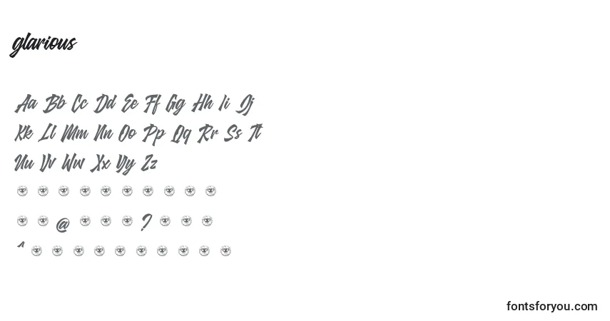 Czcionka Glarious – alfabet, cyfry, specjalne znaki