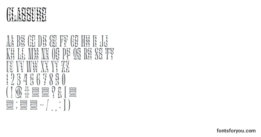 Czcionka Glassure – alfabet, cyfry, specjalne znaki