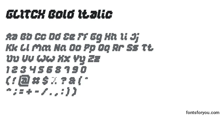 Czcionka GLITCH Bold Italic – alfabet, cyfry, specjalne znaki